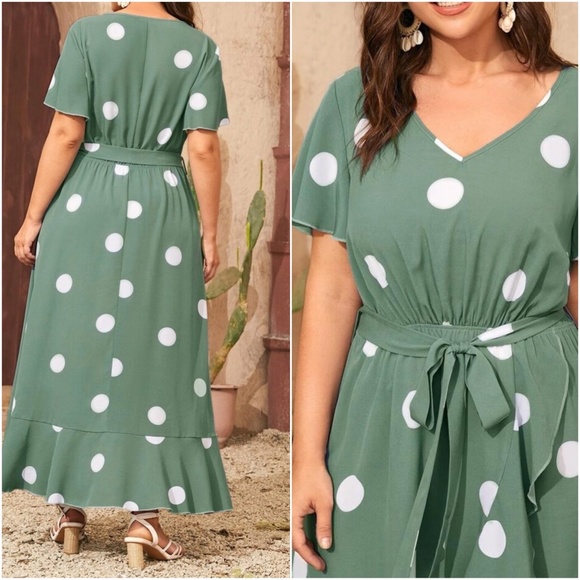 Plus Boho Sage Green Polka Dot Ruffle Maxi Dress - Picture 6 of 8